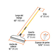 Rastrillo jardinero, 16 dientes, mango 60' fibra de vidrio
