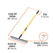 Rastrillo recto reforzado 16 dientes, mgo fibra d/vidrio 60'
