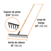 Rastrillo recto reforzado, 16 dientes, mango de 60', TRUPER