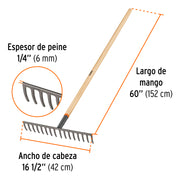 Rastrillo recto de 16 dientes, mango de 60', TRUPER