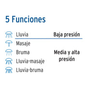 Regadera 3-1/4', 5 funciones, brazo y chapetón, FOSET AQUA