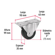 Rodaja hule 3', placa fija con balero, carga 60 kg, FIERO