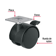 Rodaja tipo yoyo de 40 mm con placa, con freno, FIERO
