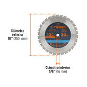 Disco sierra 10' para madera, 30 dientes centro 5/8', TRUPER