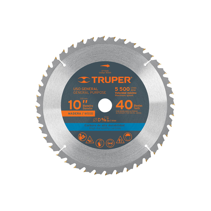 Disco sierra 10' para madera, 40 dientes centro 5/8', TRUPER