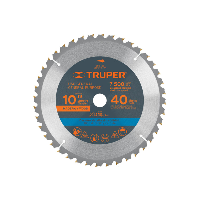 Disco sierra 10' para madera, 40 dientes centro 1', TRUPER