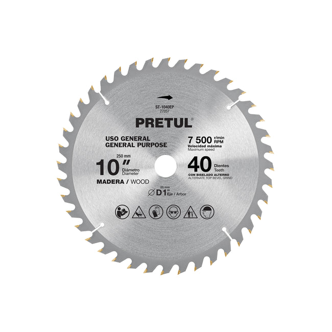 Disco sierra 10' para madera, 40 dientes centro 1', PRETUL