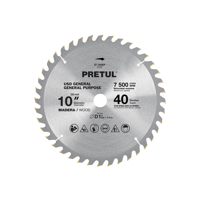 Disco sierra 10' para madera, 40 dientes centro 1', PRETUL
