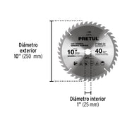Disco sierra 10' para madera, 40 dientes centro 1', PRETUL
