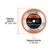 Disco sierra 10' para madera, 60 dientes centro 1', EXPERT