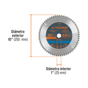 Disco sierra 10' para madera, 60 dientes centro 1', TRUPER