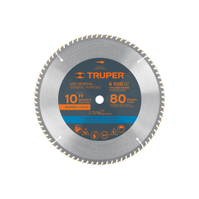 Disco sierra 10' para madera, 80 dientes centro 5/8', TRUPER