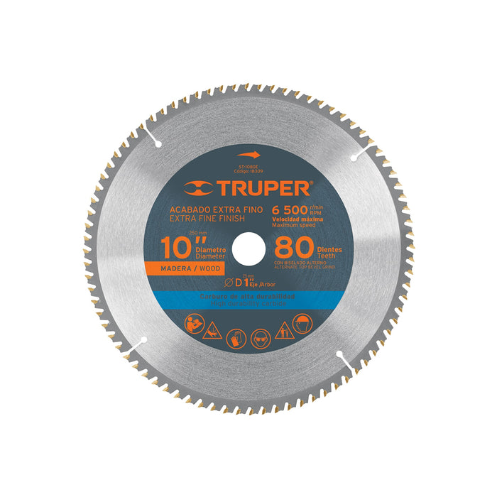 Disco sierra 10' para madera, 80 dientes centro 1', TRUPER