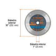 Disco sierra 10' para madera, 80 dientes centro 1', TRUPER