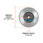 Disco sierra 12' para madera, 40 dientes centro 1', TRUPER