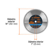 Disco sierra 14' para madera, 60 dientes centro 1', TRUPER