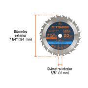 Disco sierra 7- 1/4' para madera, 20 dientes centro 5/8'