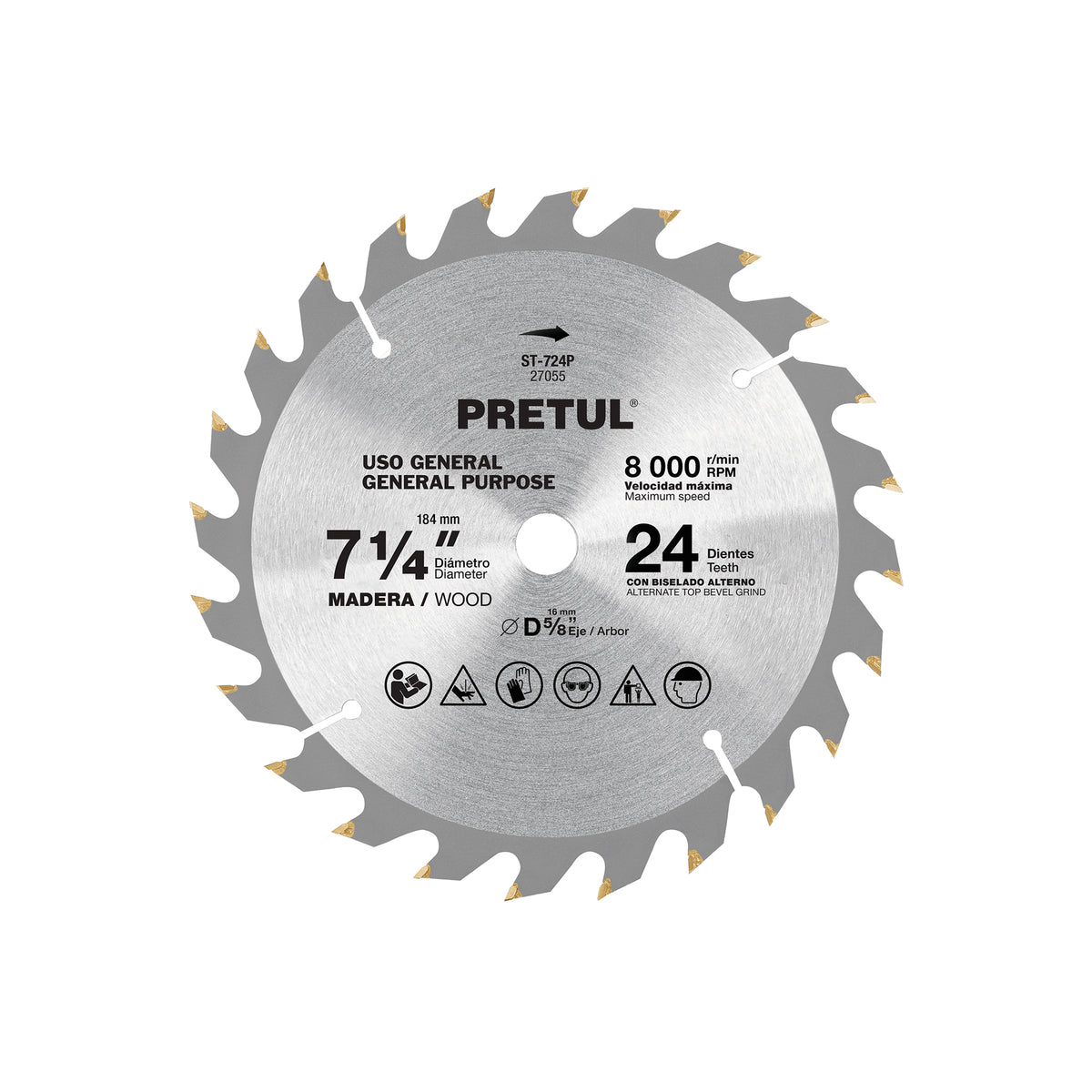 Disco sierra 7-1/4' p/madera, 24 dientes centro 5/8', PRETUL