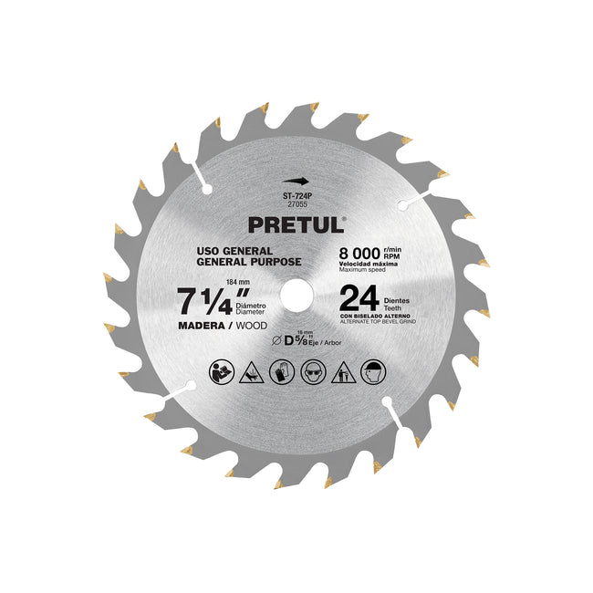 Disco sierra 7-1/4' p/madera, 24 dientes centro 5/8', PRETUL