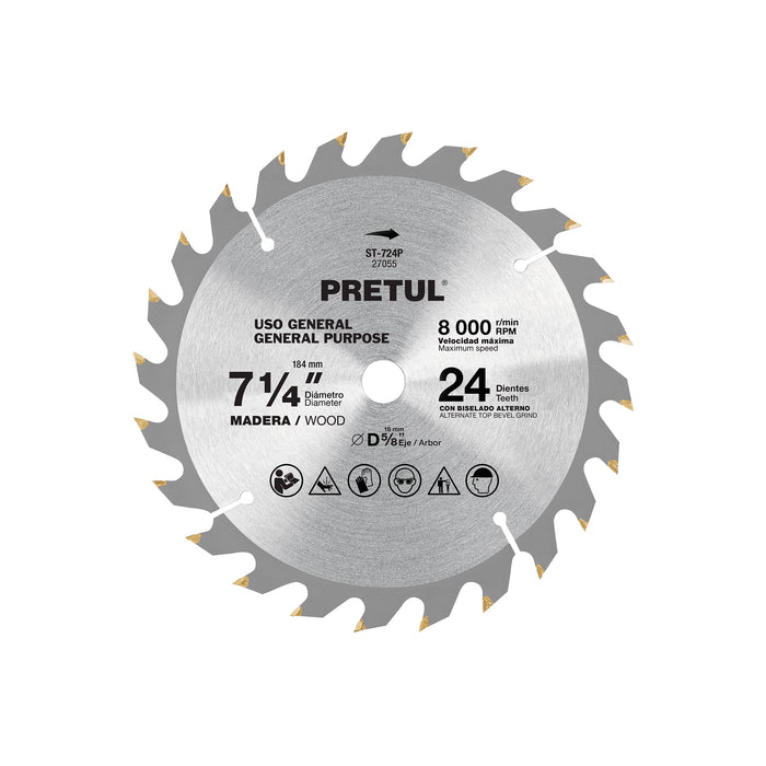 Disco sierra 7-1/4' p/madera, 24 dientes centro 5/8', PRETUL