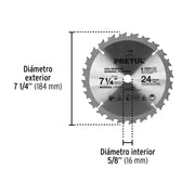 Disco sierra 7-1/4' p/madera, 24 dientes centro 5/8', PRETUL