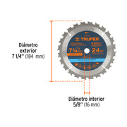 Disco sierra 7- 1/4' para madera, 24 dientes centro 5/8'