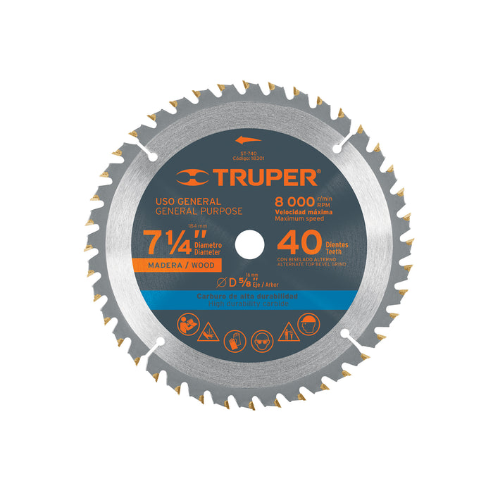 Disco sierra 7- 1/4' para madera, 40 dientes centro 5/8'