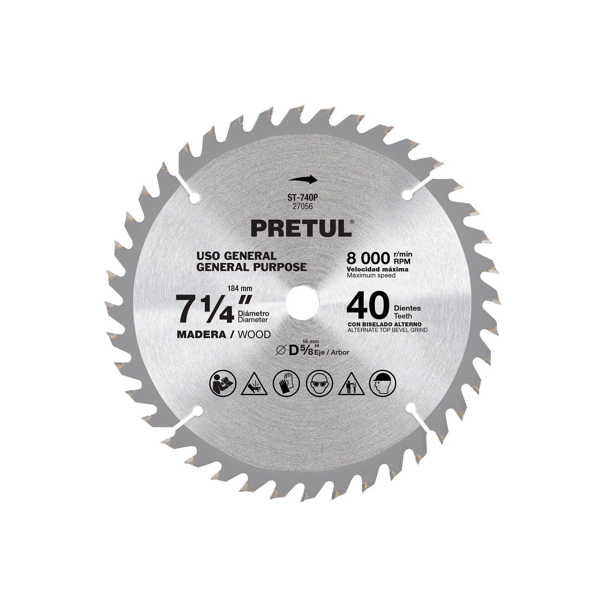 Disco sierra 7-1/4' p/madera, 40 dientes centro 5/8', PRETUL