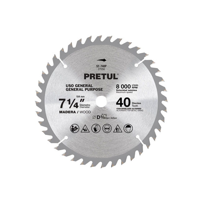 Disco sierra 7-1/4' p/madera, 40 dientes centro 5/8', PRETUL
