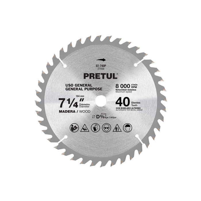 Disco sierra 7-1/4' p/madera, 40 dientes centro 5/8', PRETUL