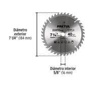 Disco sierra 7-1/4' p/madera, 40 dientes centro 5/8', PRETUL