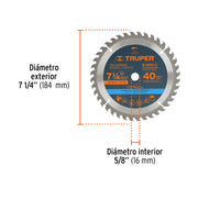 Disco sierra 7- 1/4' para madera, 40 dientes centro 5/8'