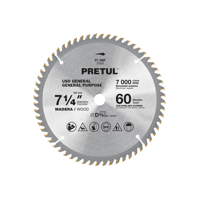 Disco sierra 7-1/4' p/madera, 60 dientes centro 5/8', PRETUL