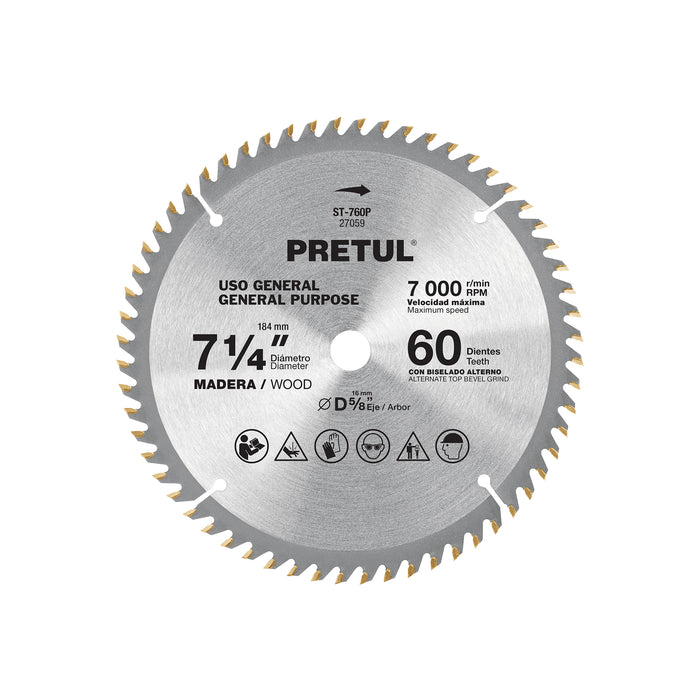 Disco sierra 7-1/4' p/madera, 60 dientes centro 5/8', PRETUL