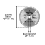 Disco sierra 7-1/4' p/madera, 60 dientes centro 5/8', PRETUL