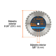 Disco sierra 8-1/4' para madera, 32 dientes centro 5/8'
