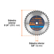 Disco sierra 8-1/4' para madera, 40 dientes centro 5/8'