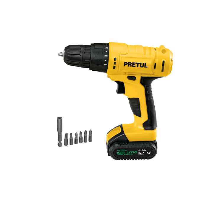 Taladro/destornillador 3/8', 12V, 1 batería 2Ah, PRETUL