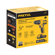 Taladro/destornillador 3/8', 12V, 1 batería 2Ah, PRETUL