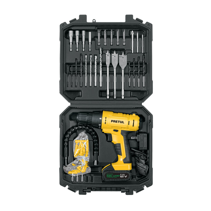 Kit taladro/destornillador 3/8', 12V, 33, PRETUL