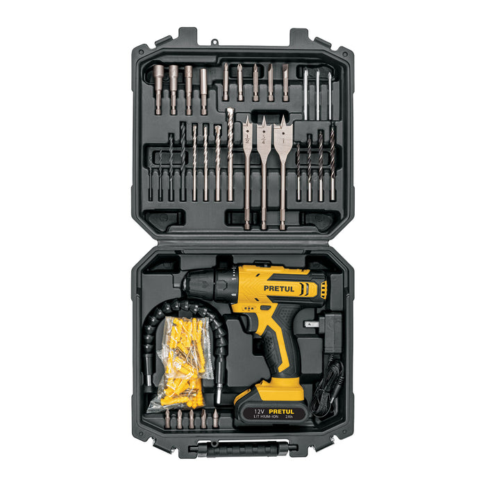 Kit taladro/destornillador 3/8', 12V, 33 accesorios, PRETUL