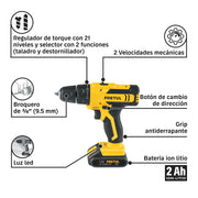 Kit taladro/destornillador 3/8', 12V, 33 accesorios, PRETUL