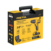 Kit taladro/destornillador 3/8', 12V, 33 accesorios, PRETUL