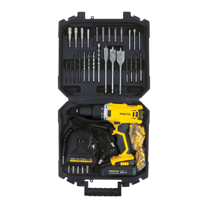 Kit taladro/destornillador 1/2', 20V, 32 accesorios, PRETUL