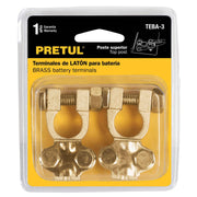 Blíster 2 terminales p/batería, latón poste superior, PRETUL