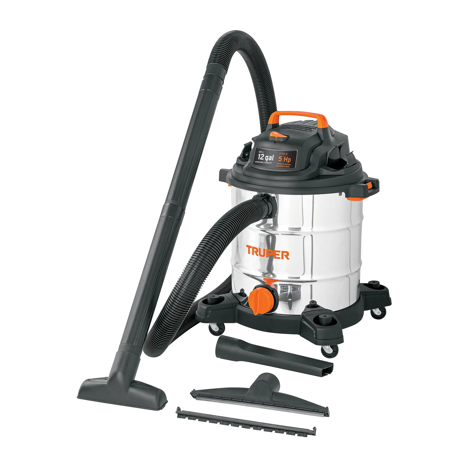 Aspiradora de sólidos y líquidos, 12 gal, acero inox, TRUPER
