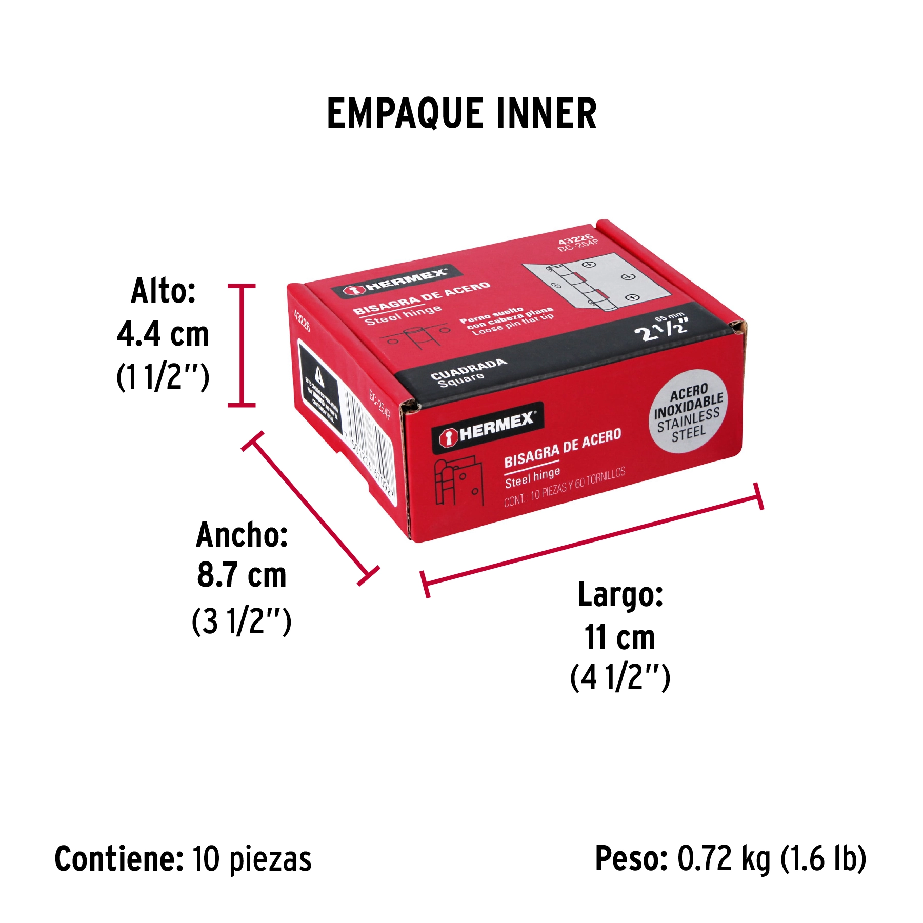 Bisagra cuadrada 2-1/2', acero inox, cabeza plana, HERMEX