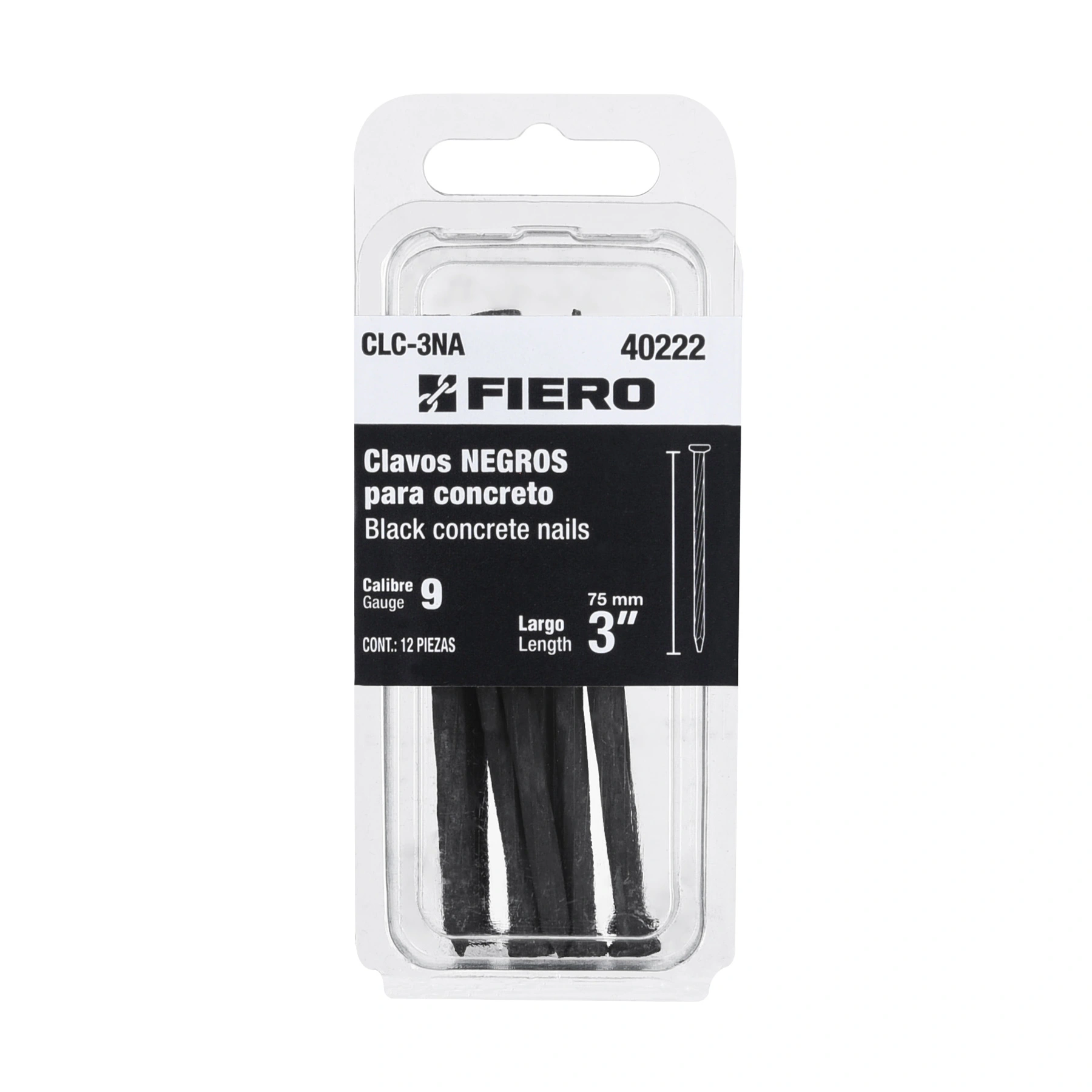 Blíster con 12 clavos negros para concreto 3', FIERO