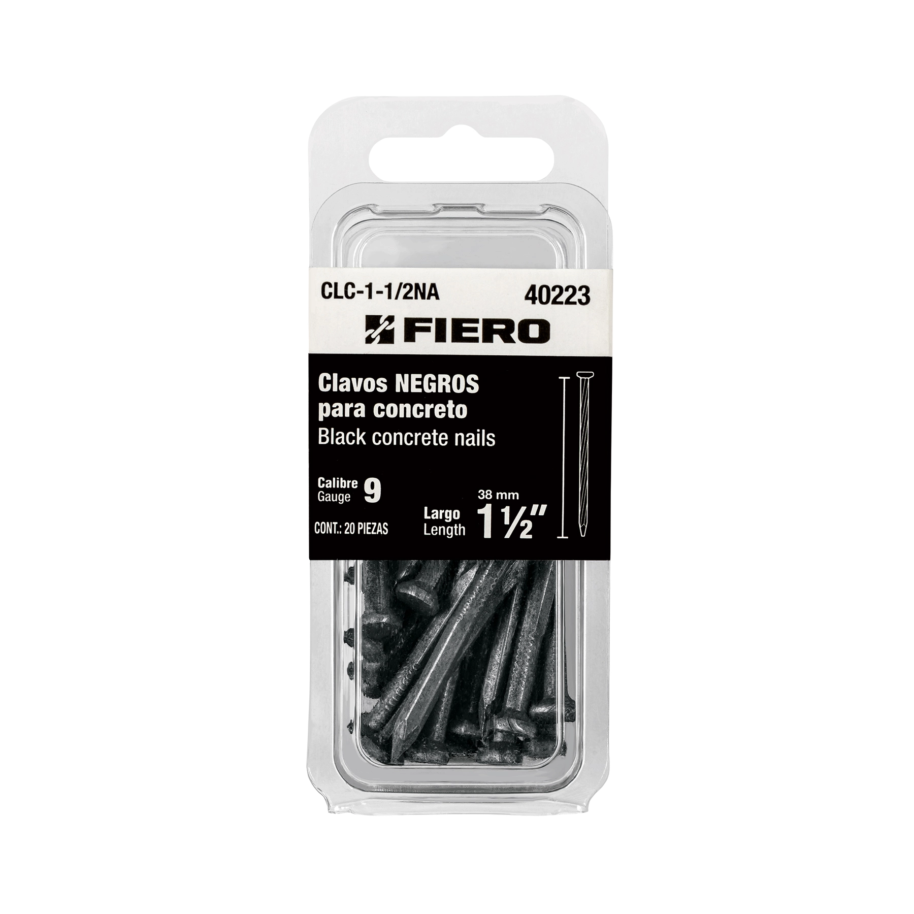 Blíster con 20 clavos negros para concreto 1-1/2', FIERO