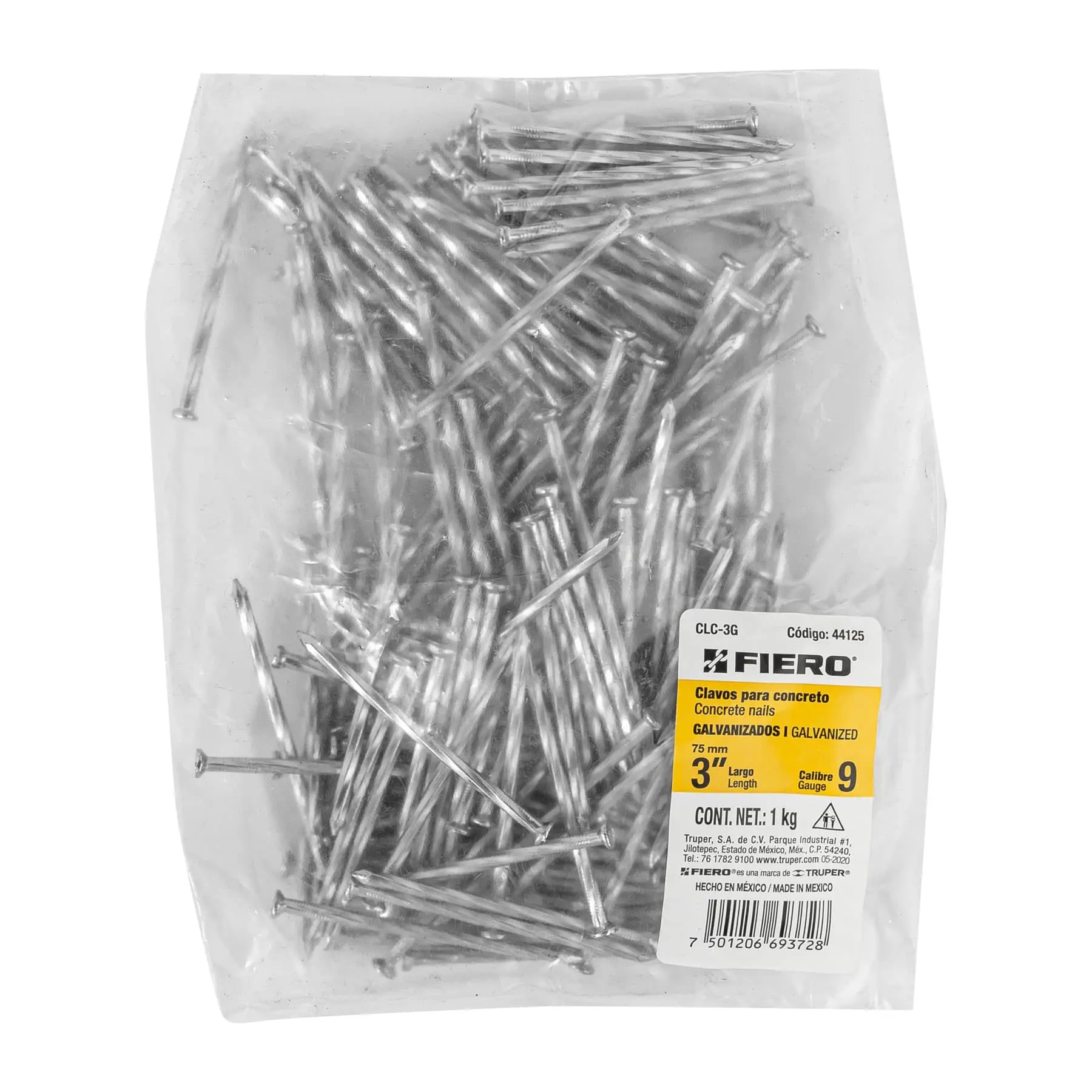 Bolsa con 1 kg de clavos para concreto galvanizados 3/4'